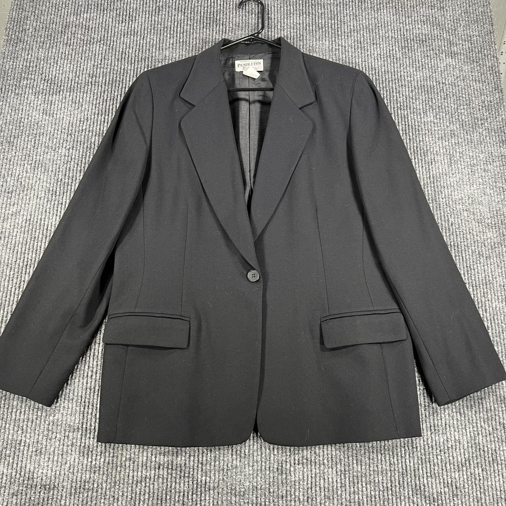 Vintage Pendleton Blazer Womens 14 Black 100% Virgin Wool One Button Lined
